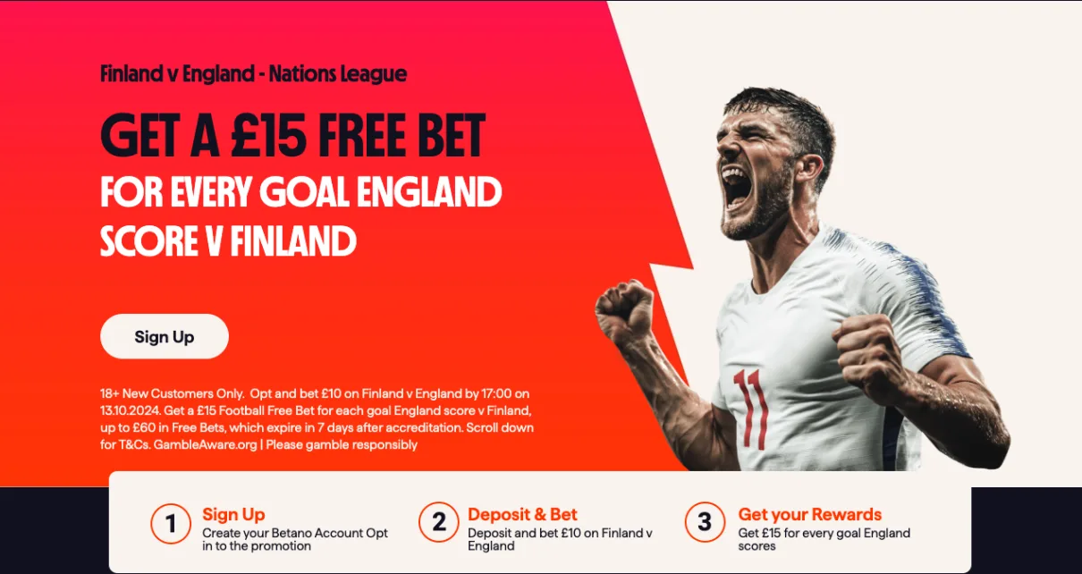 Betano Welcome Offer: Get A £15 Free Bet For Every Goal England Score vs Finland